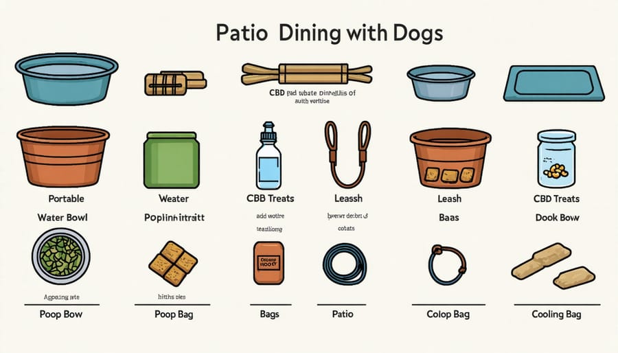 Visual checklist of essential items for patio dining with dogs