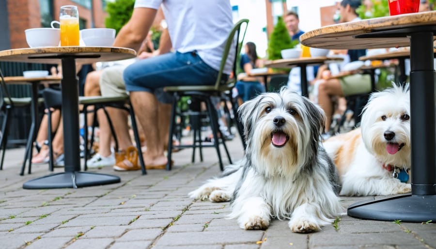 A relaxed dog with its owner at a lively Toronto patio, surrounded by other dogs and pet-friendly amenities like water bowls and treat stations, showcasing the vibrant and inclusive dining scene.