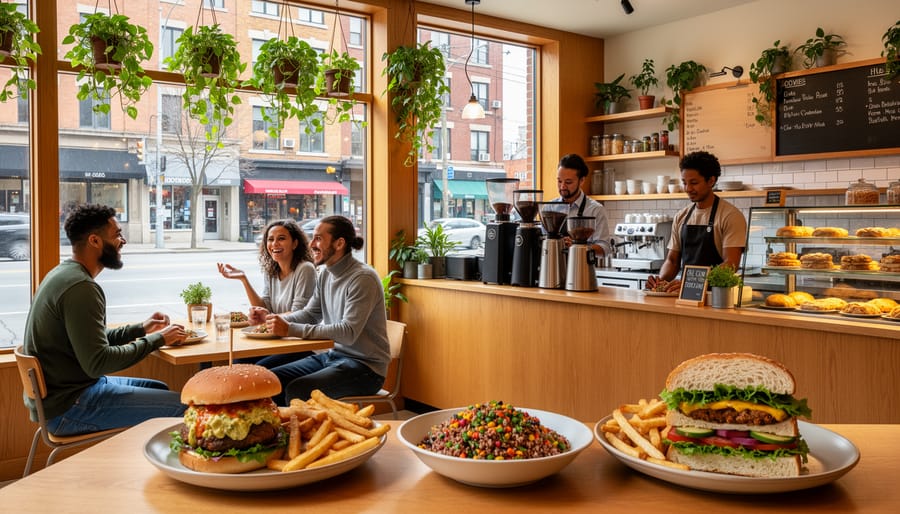 Friends enjoying vegan burgers and comfort food at casual Toronto restaurant