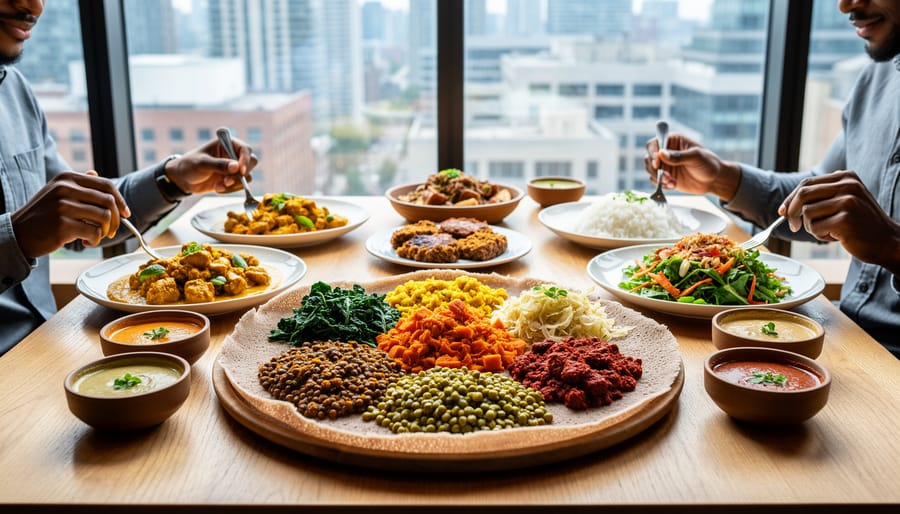 Traditional Ethiopian vegan platter with colorful stews on injera bread
