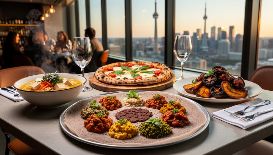 Golden-hour 45-degree shot of a modern Toronto restaurant table featuring Ethiopian injera with stews, Japanese ramen with tofu, jerk-style mushrooms with plantains, and a wood-fired cashew-cheese pizza, with softly blurred diners and the CN Tower visible through the window.