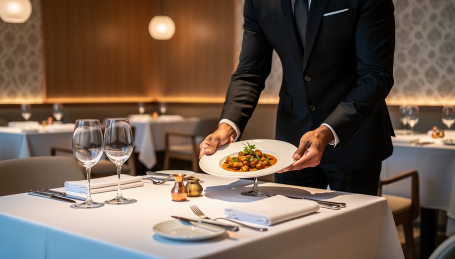 Server presenting a plated dish in a modern fine-dining restaurant with warm spotlight