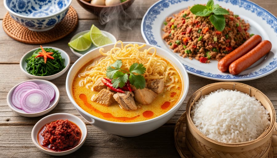 Close-up of a Thai curry bowl with fresh herbs and lime on a restaurant table