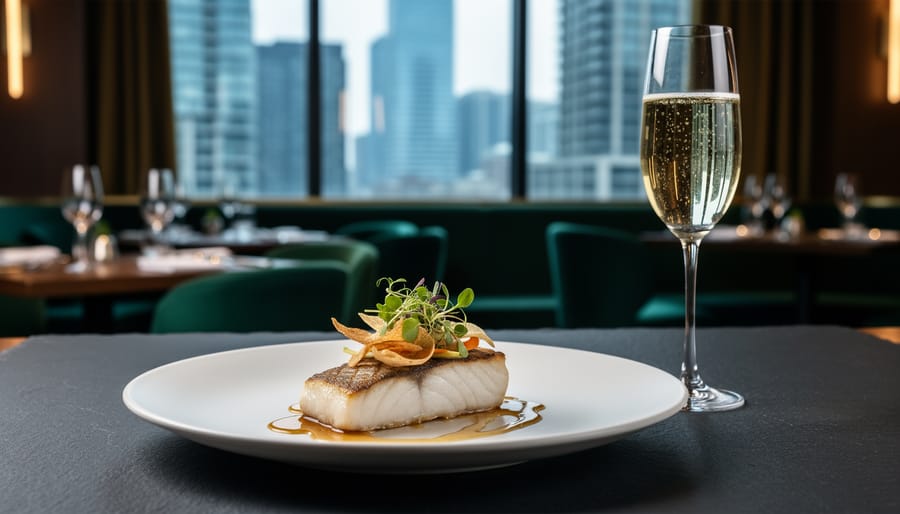 A refined tasting menu dish with whitefish and garnish beside a glass of wine on a dark table, with a softly blurred modern Toronto skyline visible through a window in the background.