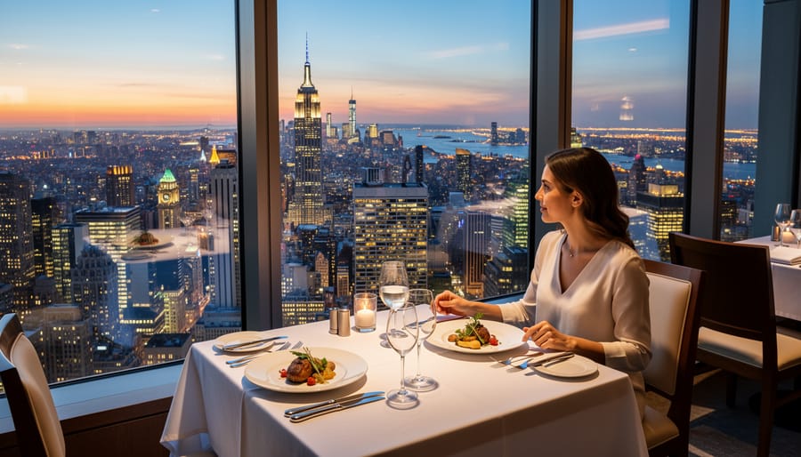 Restaurant view of the Toronto skyline at dusk with diners seated inside
