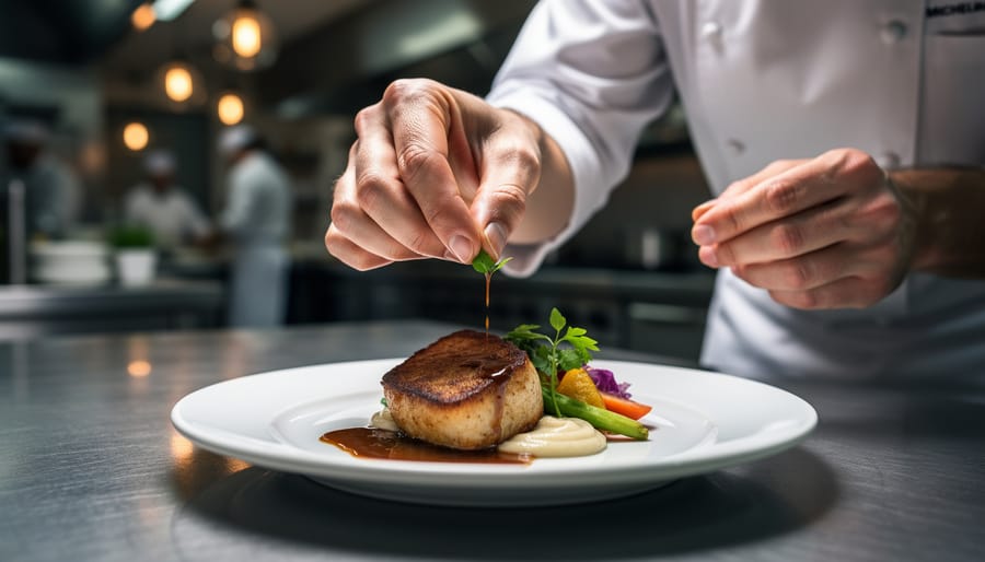 Chef’s hands finishing a plated dish at the pass in a One-Star Michelin restaurant setting