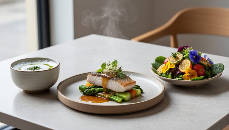 Close-up of aKin-style tasting menu plate with vibrant colors and glossy sauce highlights