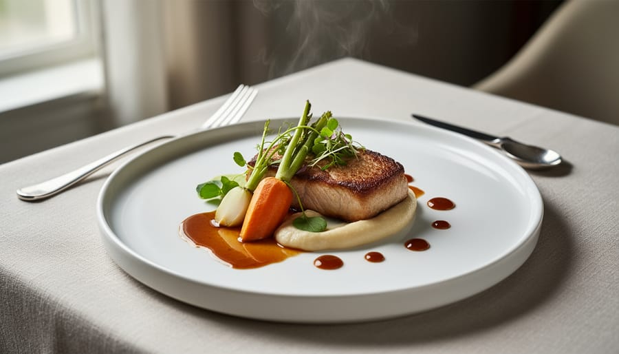 Fine-dining plated course on porcelain with microgreens and a sauce swirl at Pearl Morissette