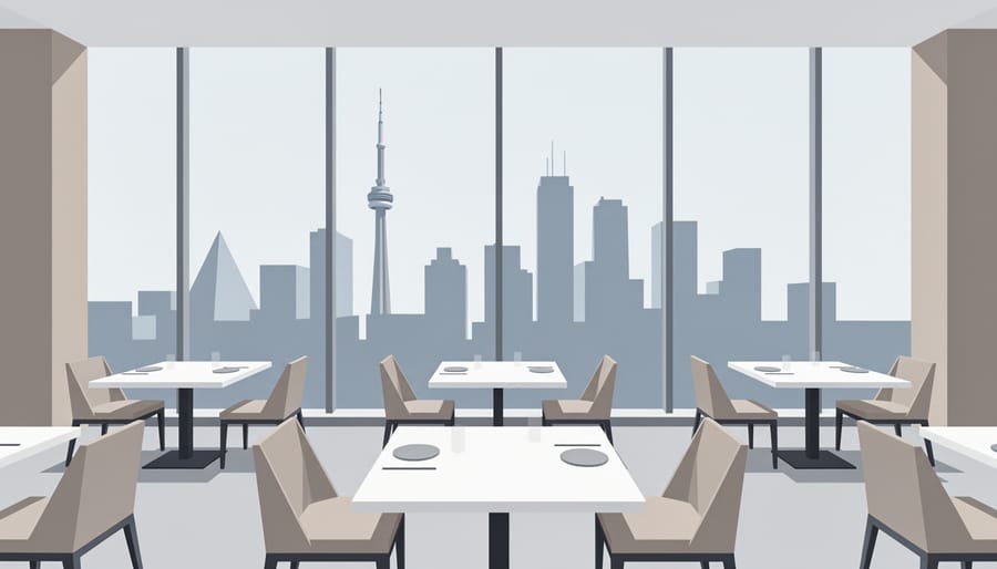 Fine-dining table interior with Toronto skyline reflections at dusk