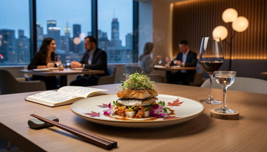 Modern plated fusion dish with pickled vegetables and garnish on fine dining ceramic ware
