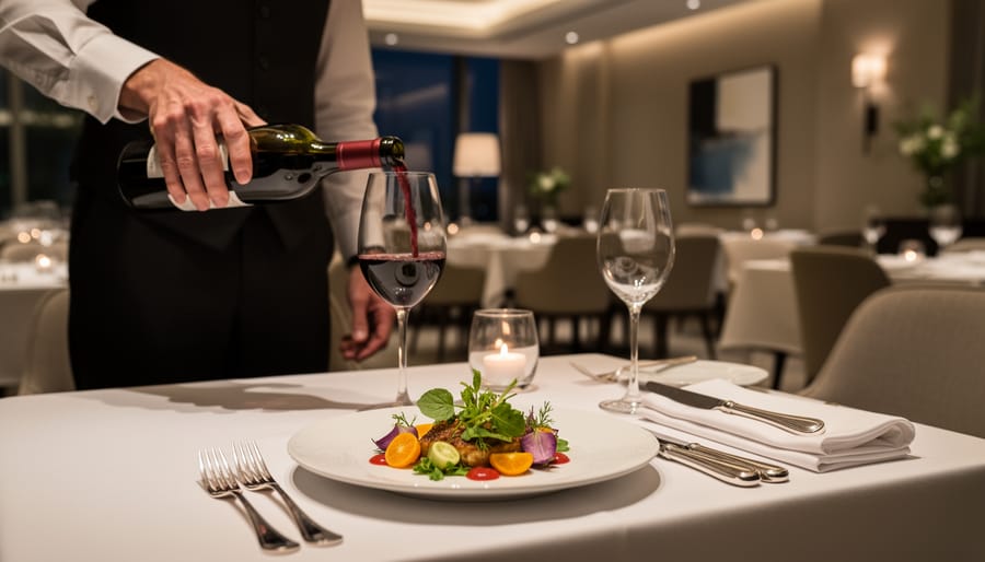 Sommelier pouring wine beside a contemporary fine-dining tasting menu plate
