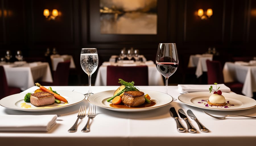 Close-up of an elegant fine-dining tasting menu on a table with crystal stemware and polished cutlery in a softly lit restaurant.