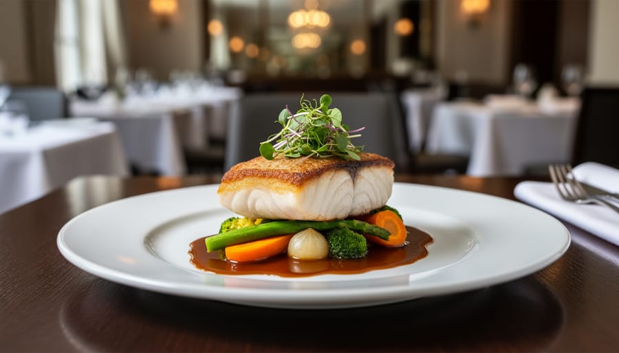 Seared entrée with reduction and vegetable purée presented at a high-end Toronto Michelin restaurant